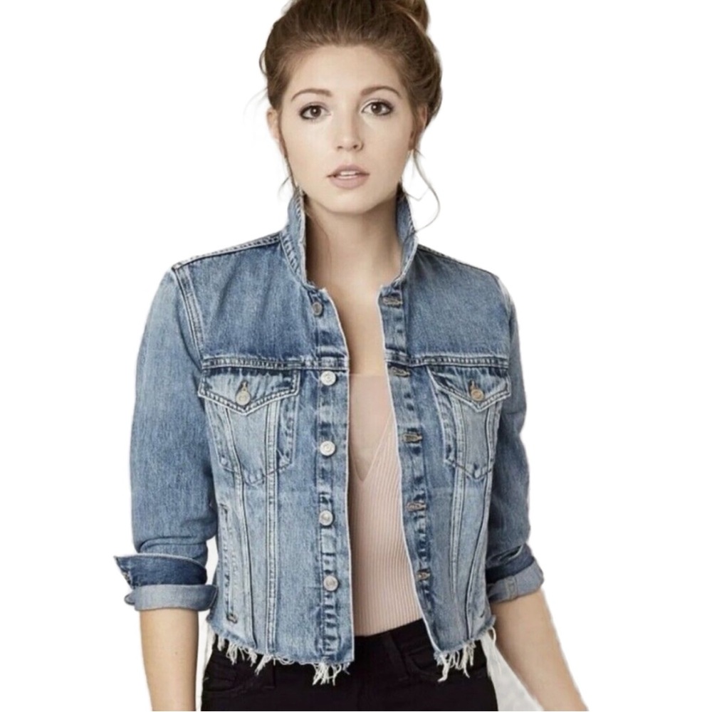 Lucky Brand Medium Wash Frayed Hem Tomboy Trucker Jean Denim Jacket Size L